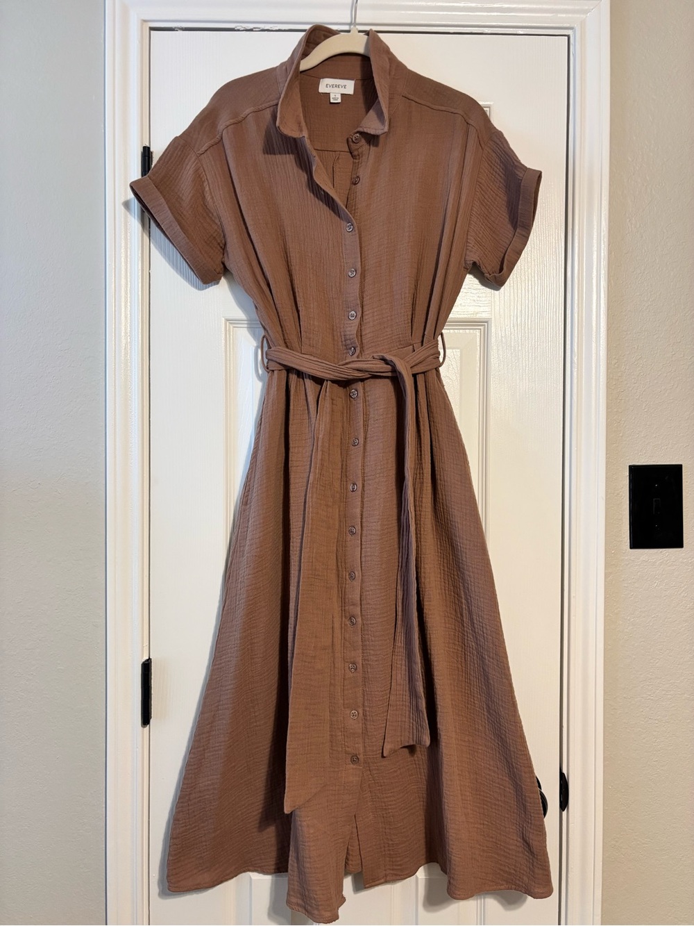 Evereve 100% Cotton Gauze Shirt Dress | Brown Belted Midi | Pockets | Size S